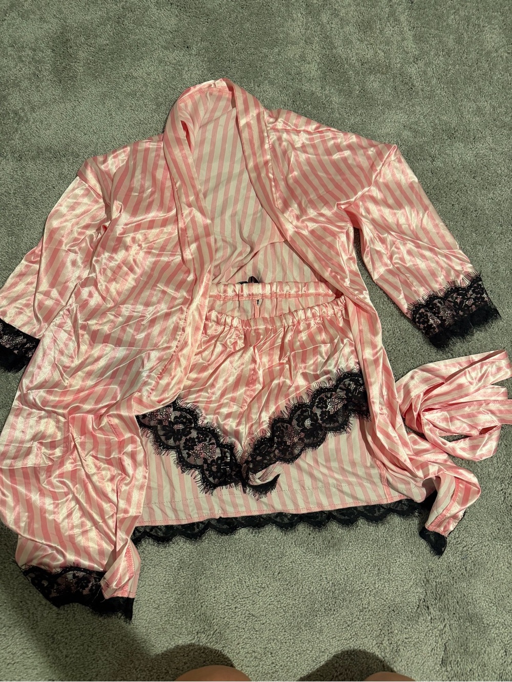 Victoria's Secret Pink & Black Satin Striped Lace Sleep Set